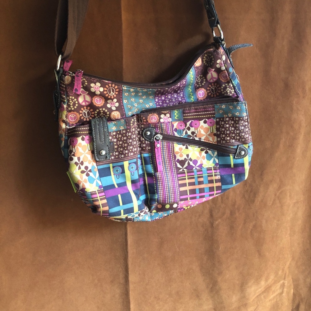 Lily Bloom Multi-Pattern Patchwork Shoulder Bag in Purple, Brown and Teal